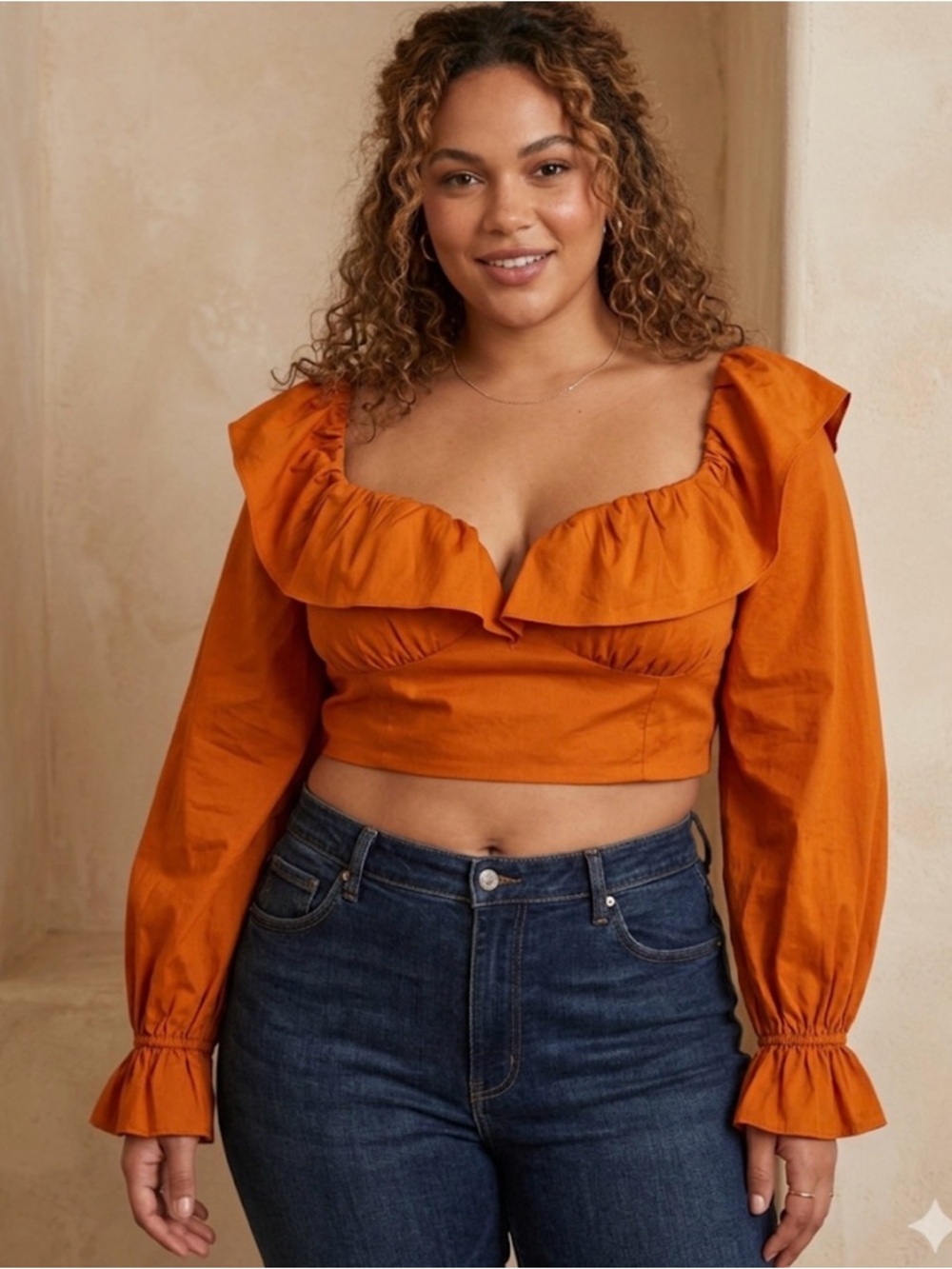 Zerina Akerrs  by Bar ||| ,Ruffle-Trim Long Sleeve Crop Top in Burnt Orange